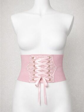 Pink Lace Corset Belt Satin Ribbon Waist Cincher Adjustable Fit